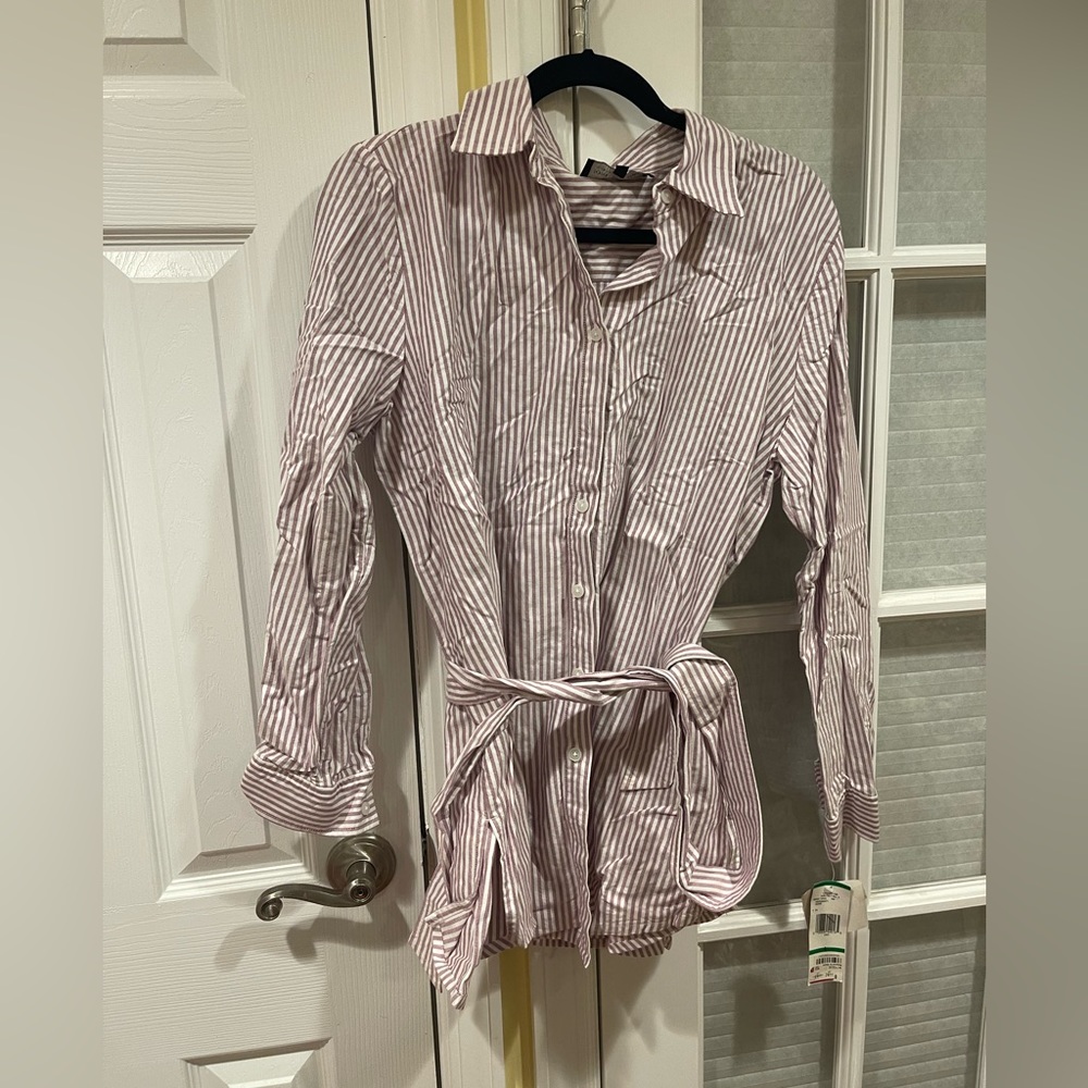 Jones New York maroon & white striped button down shirt